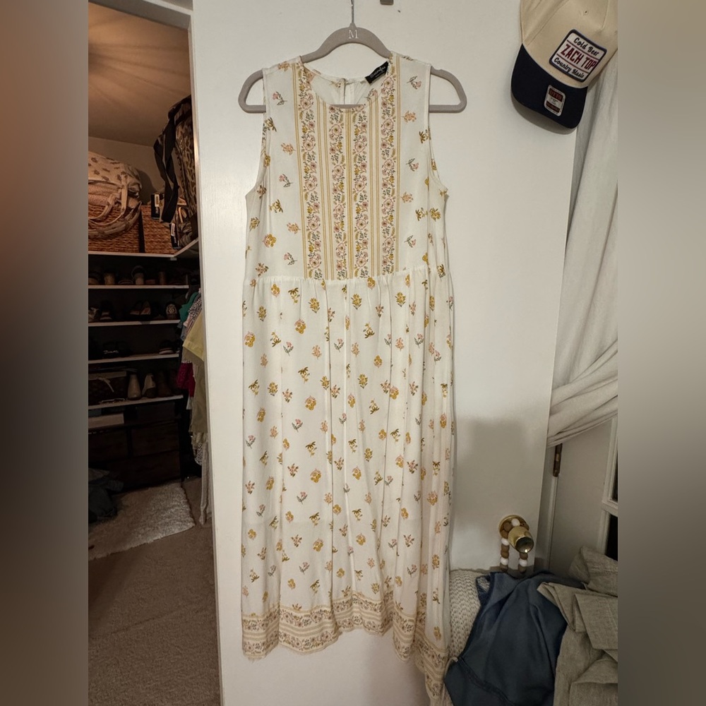 Sleeveless Cream Maxi Dress with Yellow Floral Embroidery
